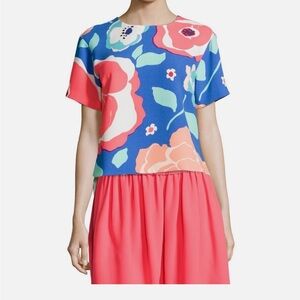 Ramona Top Floral Print Short Sleeve Top in Blue and Coral